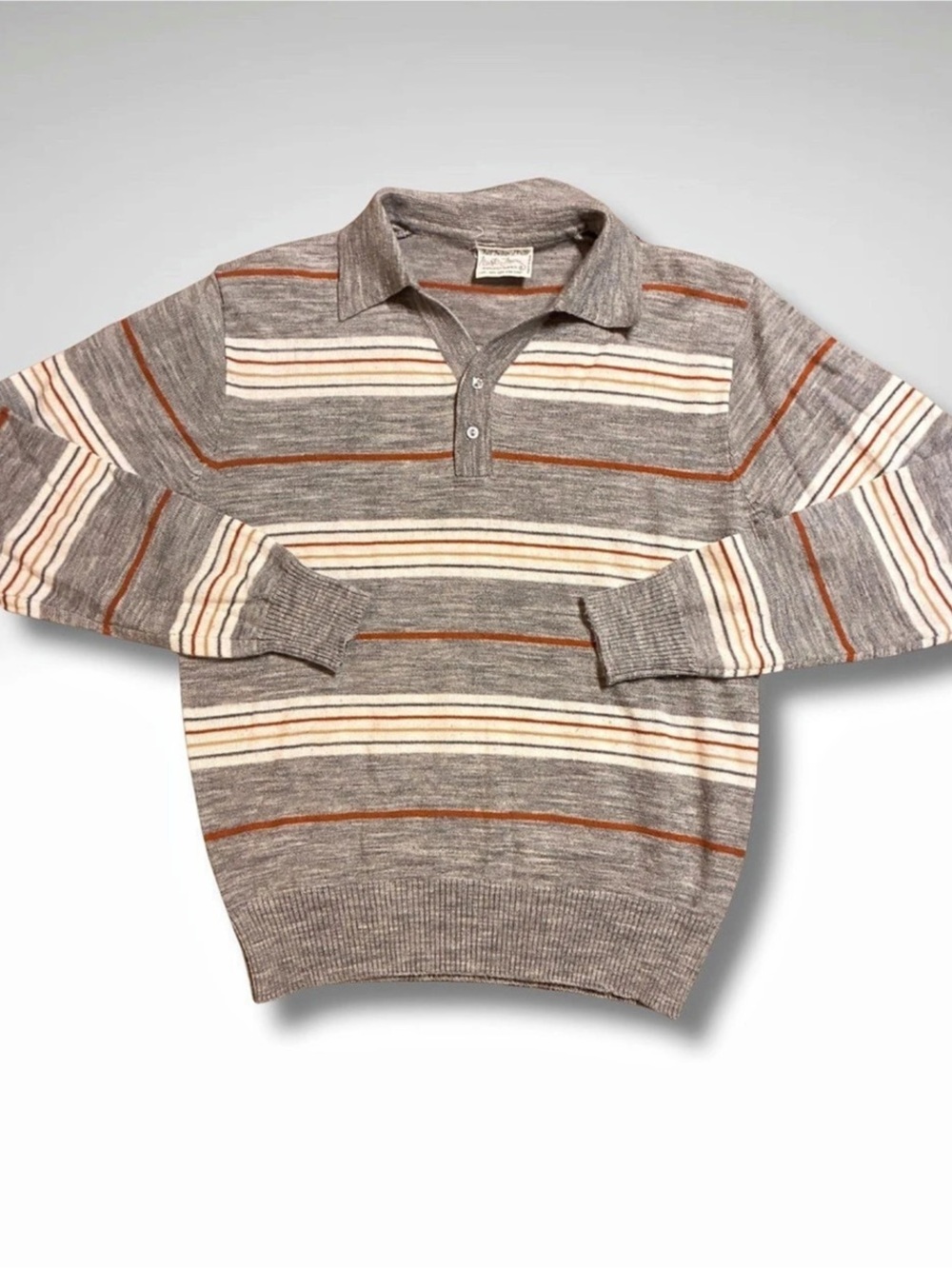 VTG Mister Man Full Fashioned Knit Polo Sweater Gray, Cream & Orange Indie L